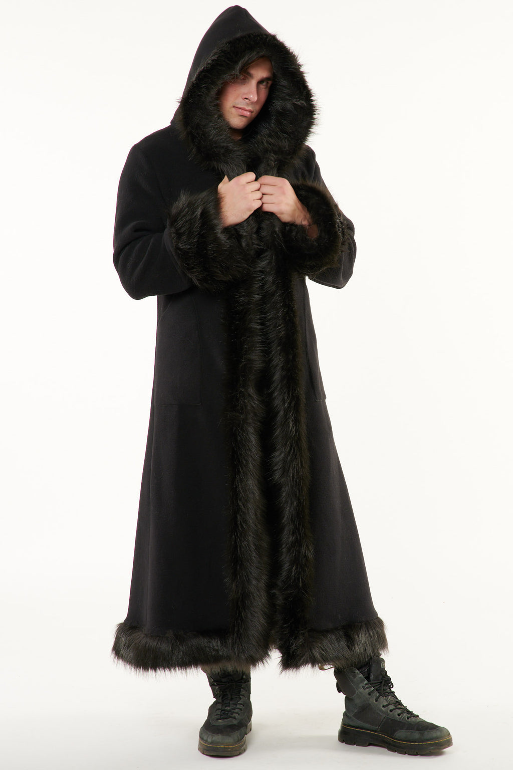 Classic Baron Coat: Black Coat + Black Faux Fur Trim