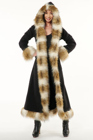 Classic Baroness Coat: Black Coat + Mongolian Faux Fur Trim