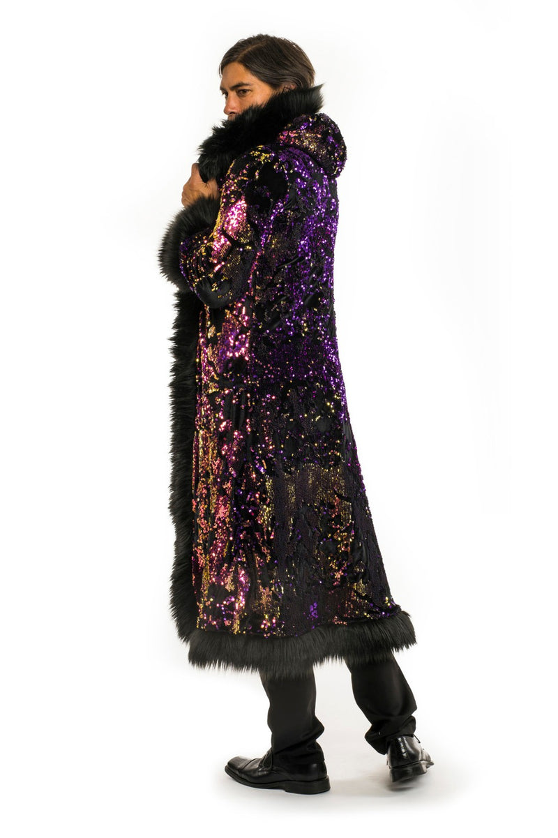 Deluxe Baron Coat: Purple Rain + Black Faux Fur Trim