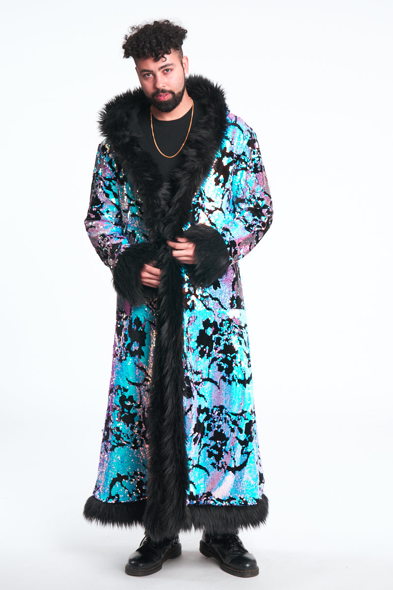 Deluxe Baron Coat: Midnight Magic + Black Faux Fur Trim