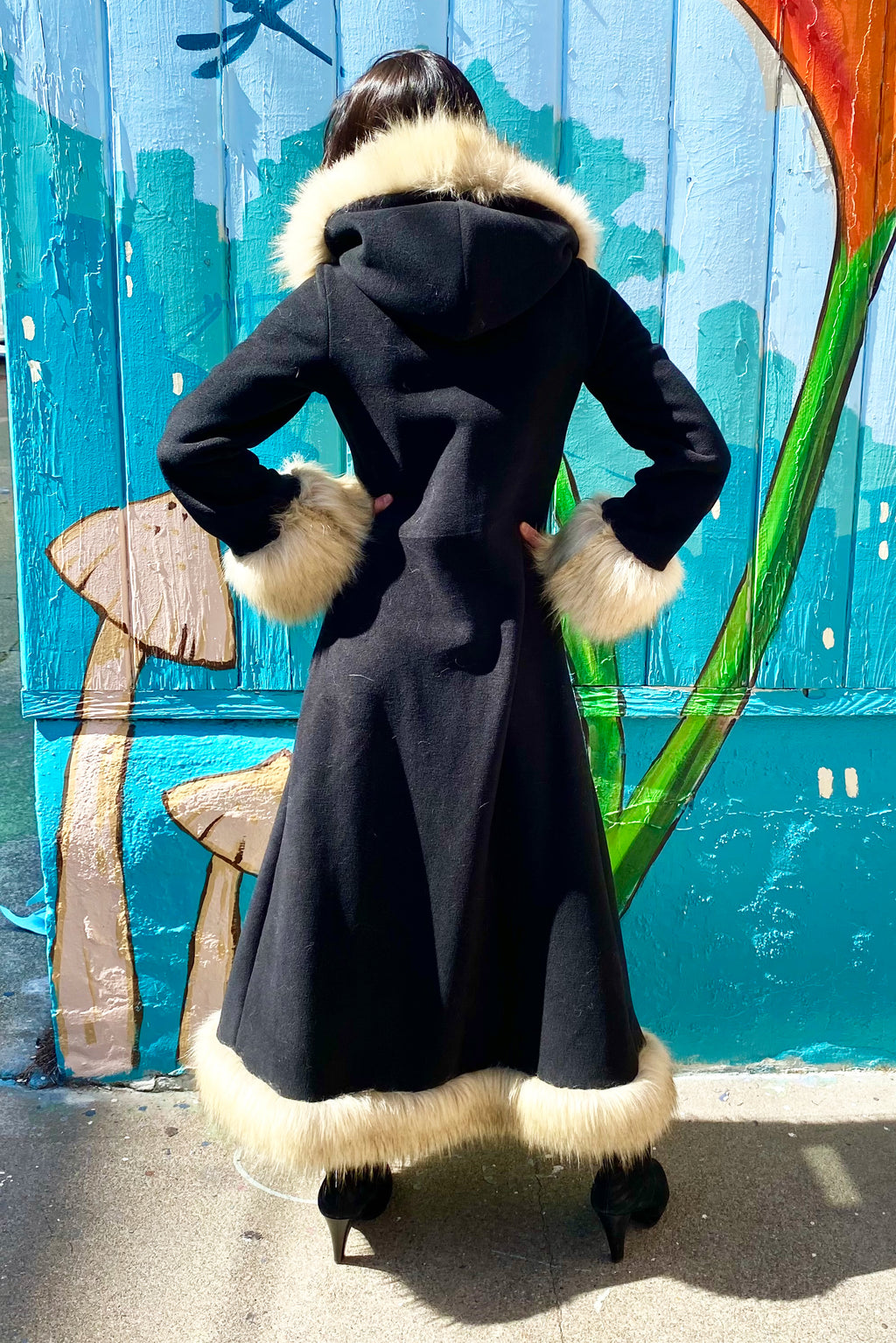 Classic Tamo Coat: Black Coat + Cream Husky Faux Fur Trim