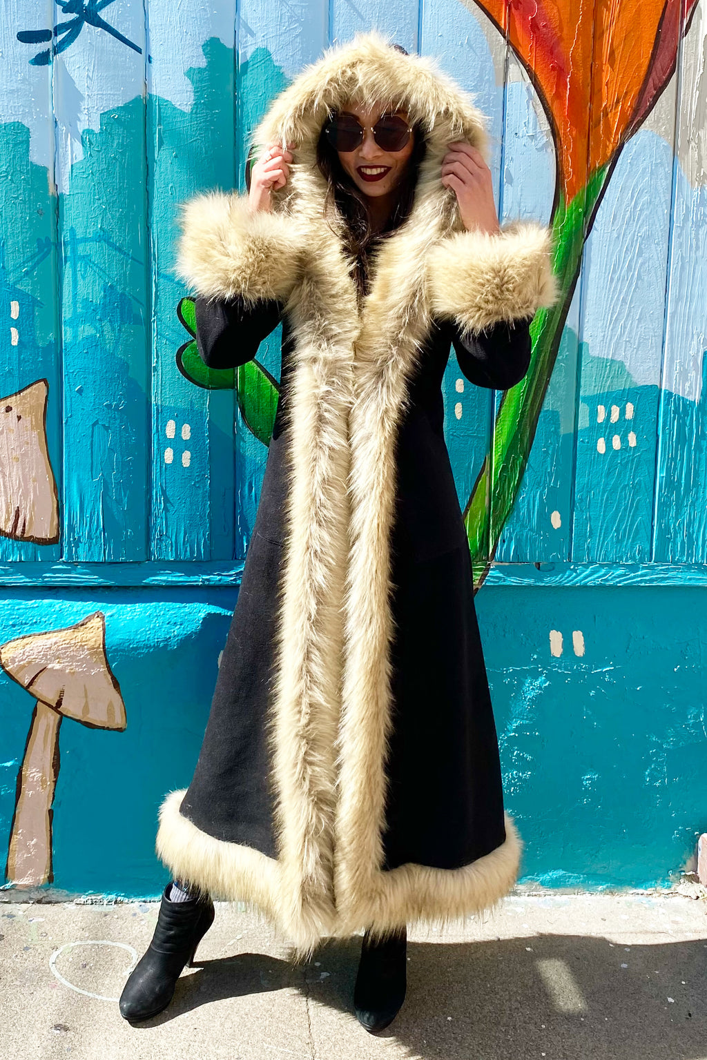 Classic Tamo Coat: Black Coat + Cream Husky Faux Fur Trim