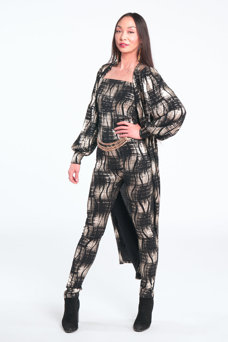 Black & Gold Strapless Jumpsuit Set with Puff Sleeve Kimono