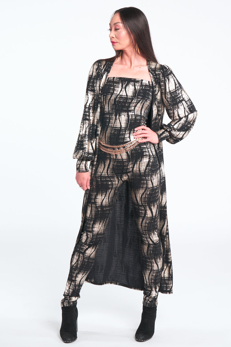Black & Gold Strapless Jumpsuit Set with Puff Sleeve Kimono