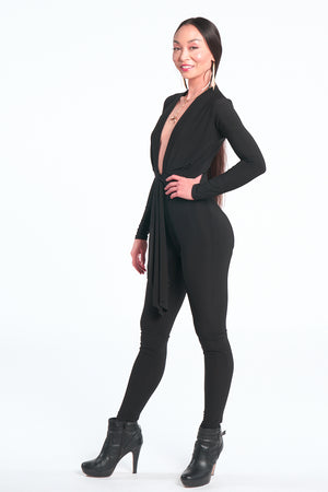 Black Deep V Long Sleeve Jumpsuit