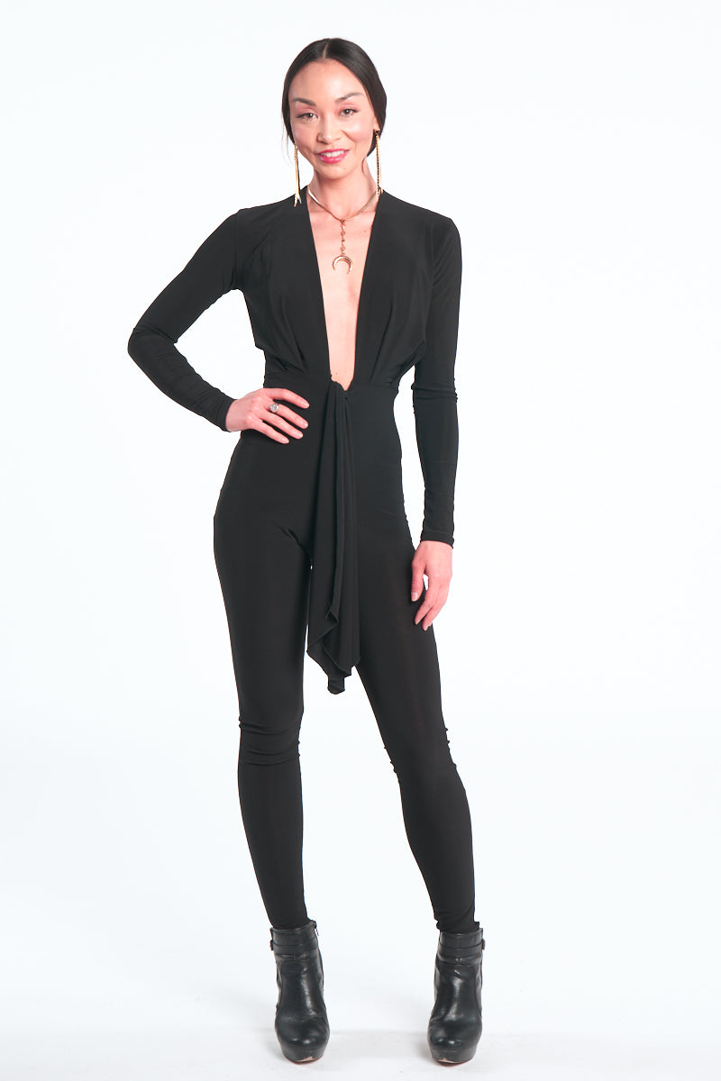 Black Deep V Long Sleeve Jumpsuit