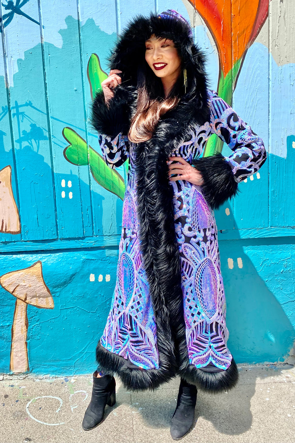 Deluxe Tamo Coat: Magic Nouveau Sequin + Black Faux Fur Trim