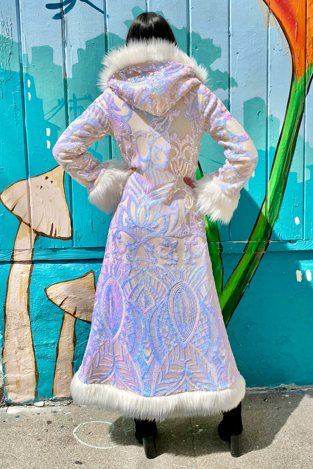 Deluxe Tamo Coat: Princess Nouveau Sequin + Cream Faux Fur Trim