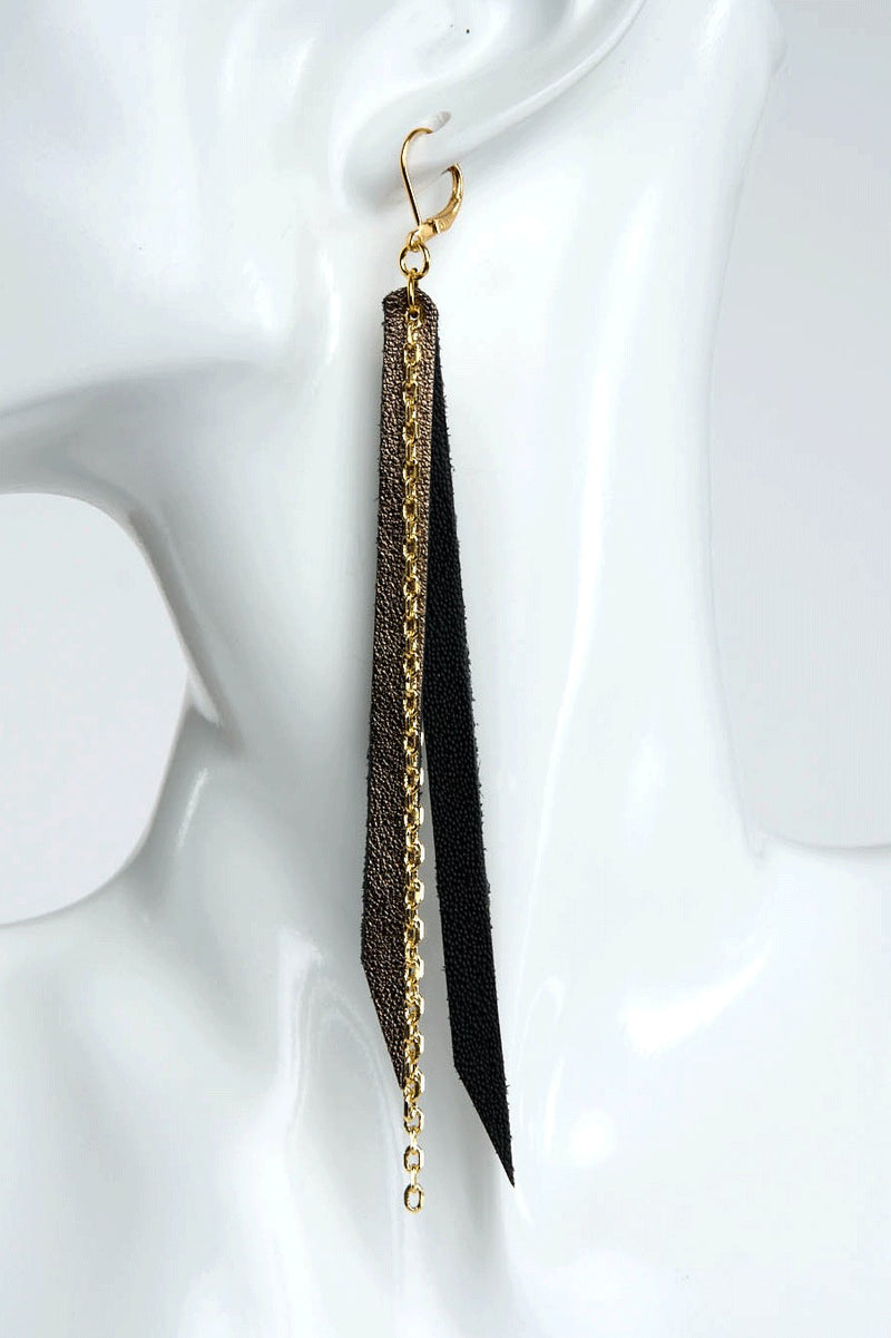 Bronze & Black Leather with Gold Chain Earrings