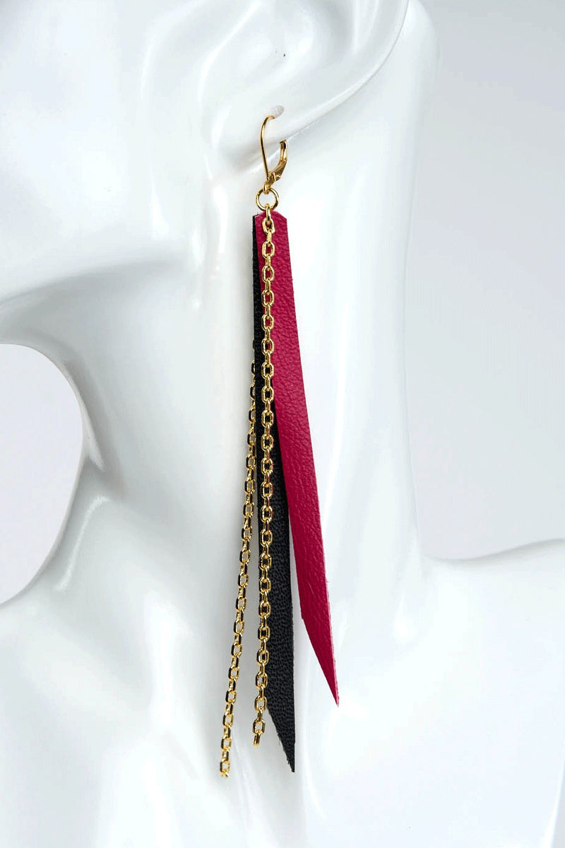 Fushia & Black Leather with Gold Chain Earrings