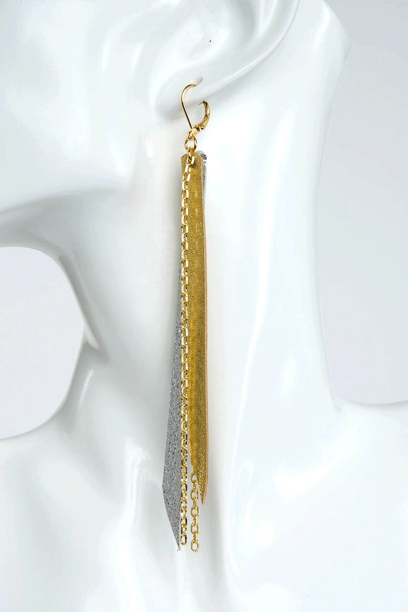 Gold & Silver Leather with Gold Chain Earrings