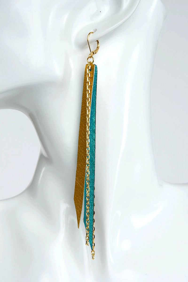 Gold & Turquoise Leather with Gold Chain Earrings