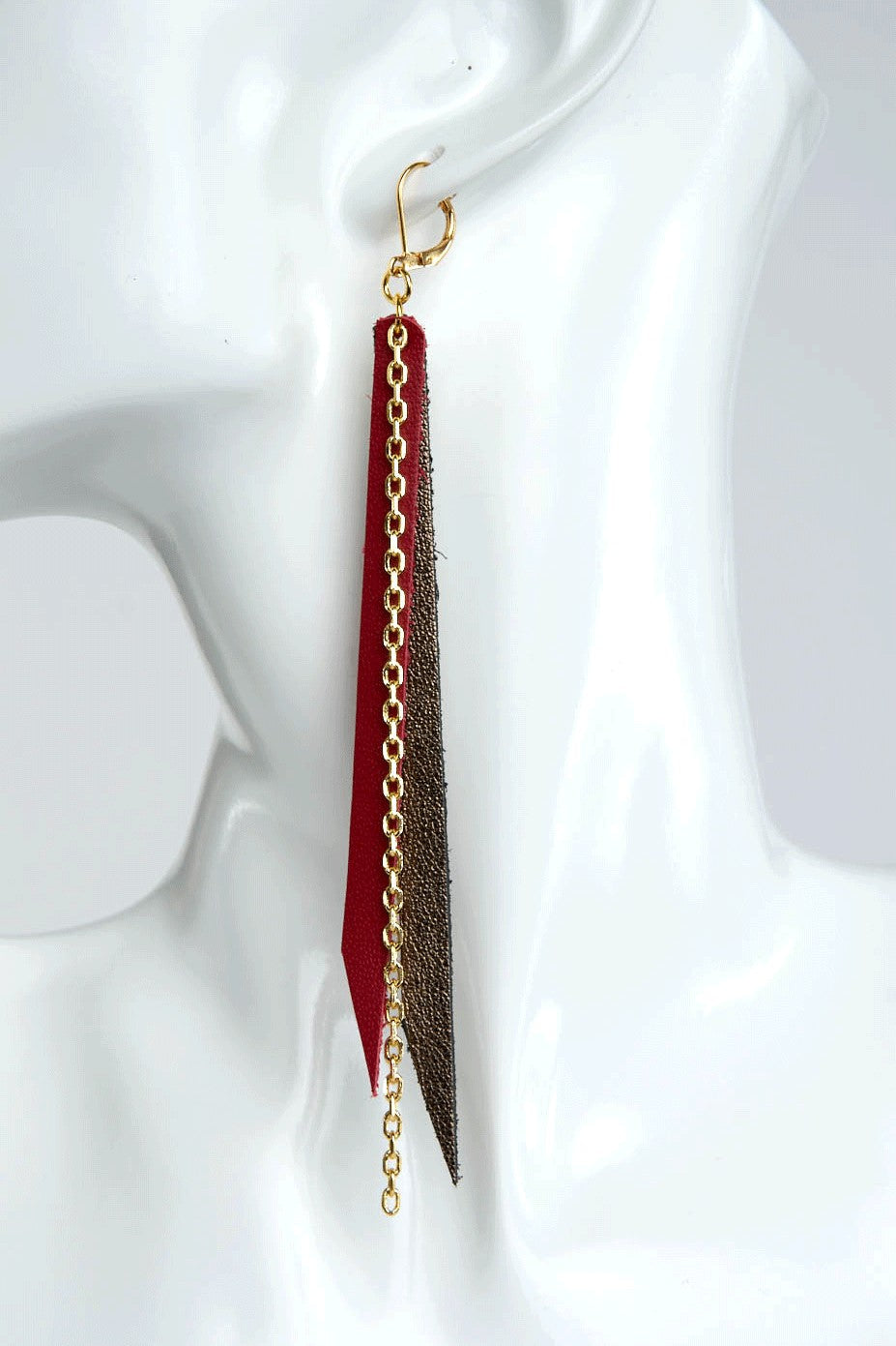 Red & Bronze Leather with Gold Chain Earrings