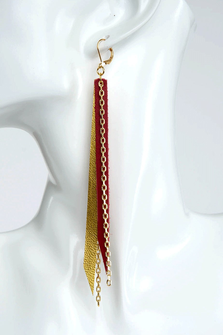 Red & Gold Leather with Gold Chain Earrings