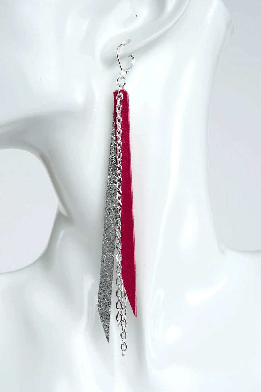 Red & Silver Leather with Silver Chain Earrings