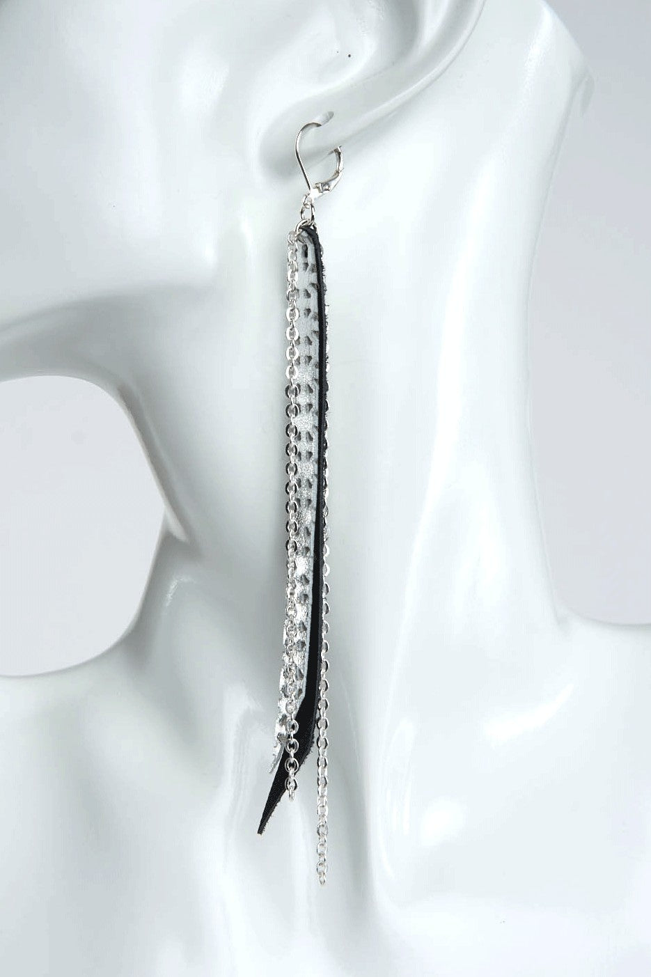 Black & Silver Textured Leather with Silver Chain Earrings