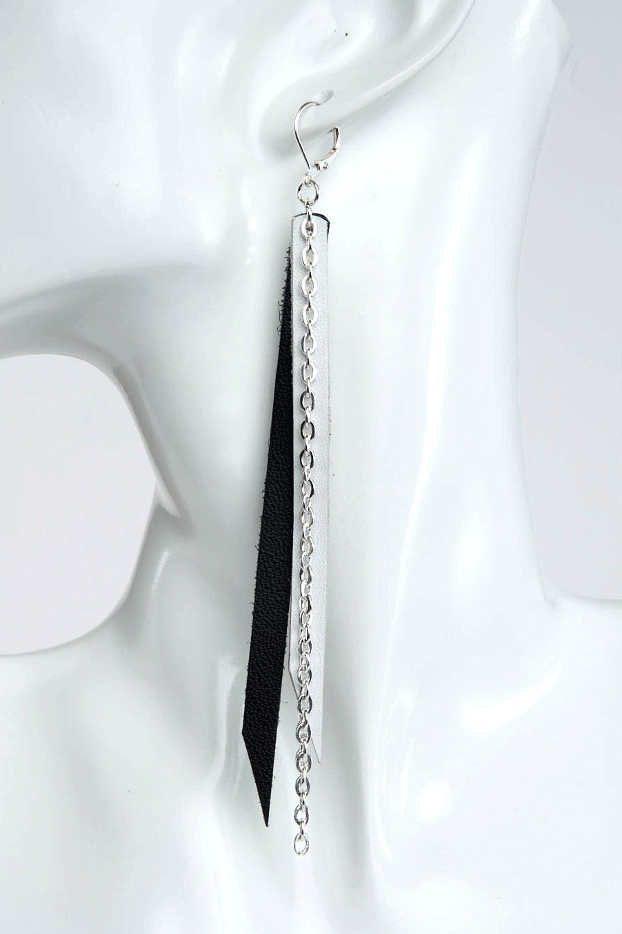 White & Black Leather with Silver Chain Earrings