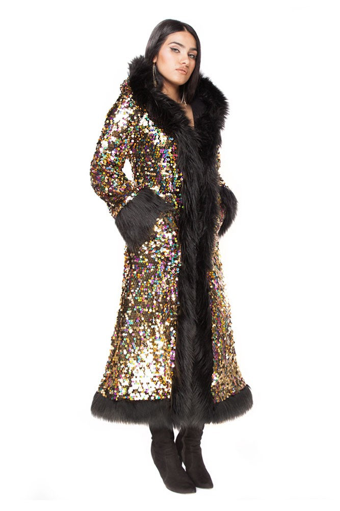 Deluxe Baroness Coat: Golden Rainbow + Black Faux Fur Trim