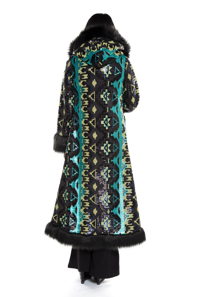 Deluxe Tamo Coat: Teal Aztec Sequin + Black Faux Fur Trim
