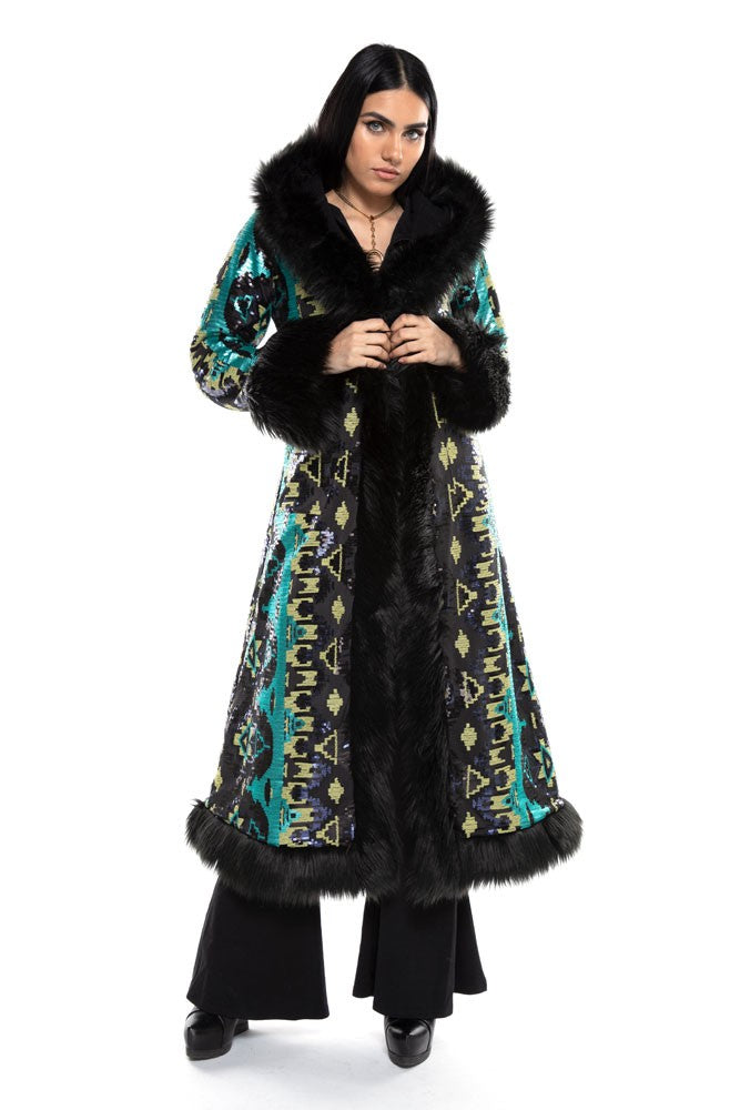 Deluxe Tamo Coat: Teal Aztec Sequin + Black Faux Fur Trim
