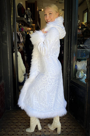 Deluxe Tamo Coat: White Baroque Sequin + White Faux Fur Trim