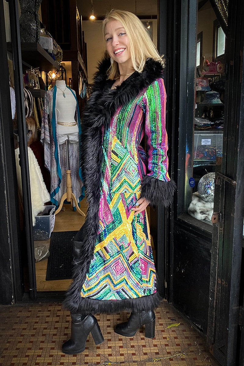 Deluxe Tamo Coat: Rainbow Deco Sequin + Black Faux Fur Trim